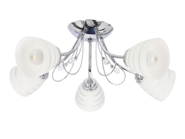 Lampa sufitowa Calono z pięcioma białymi kloszami i chromowanymi ramionami