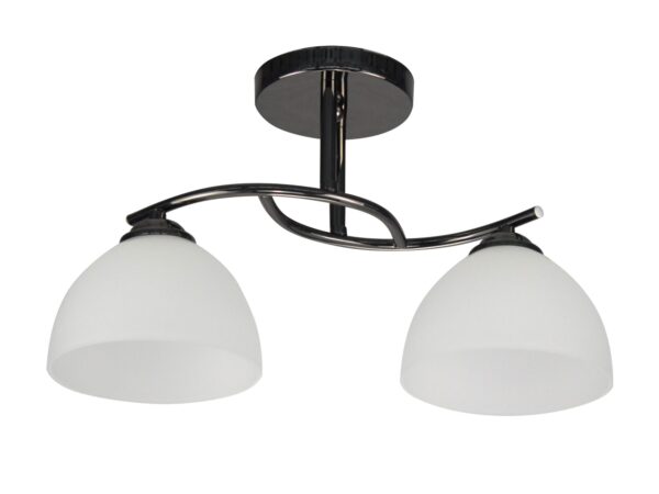 Lampa sufitowa Camelona z dwoma białymi szklanymi kloszami na czarnym stelażu
