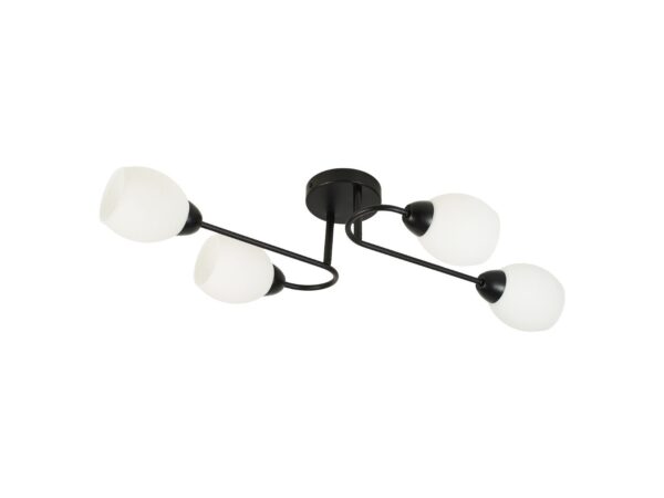 Czarna lampa sufitowa Celaseta z czterema mlecznymi szklanymi kloszami na białym tle