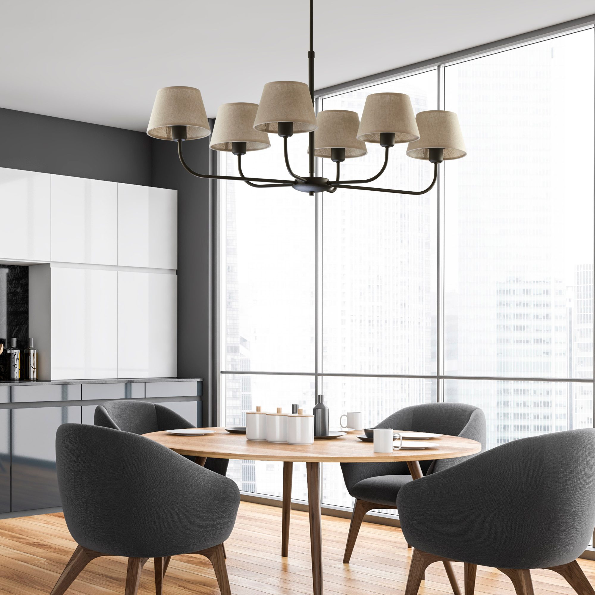Lampa sufitowa Chicago 6-punktowa z lnianymi abażurami nad stołem