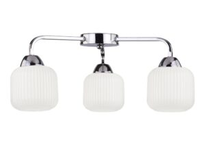 Miniaturka 2 - Chromowana lampa sufitowa Corama z trzema białymi ryflowanymi szklanymi kloszami