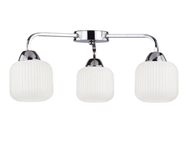 Chromowana lampa sufitowa Corama z trzema białymi ryflowanymi szklanymi kloszami