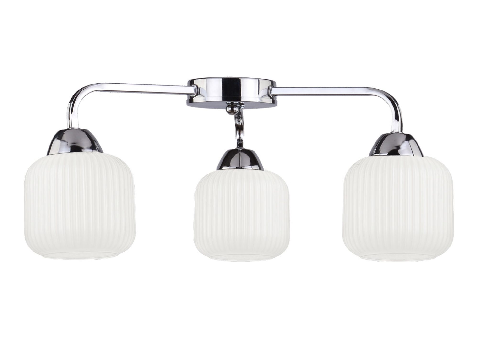 Chromowana lampa sufitowa Corama z trzema białymi ryflowanymi szklanymi kloszami