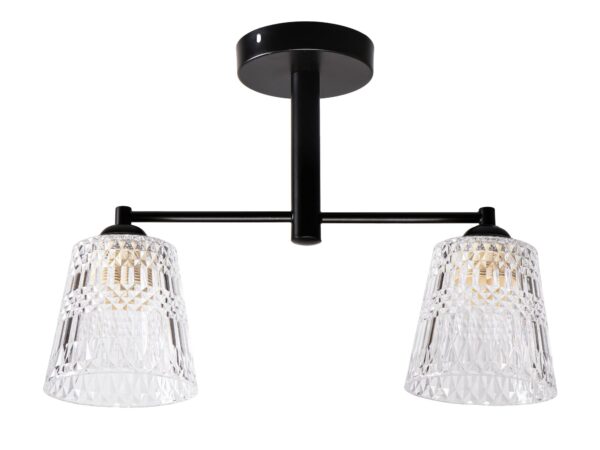 Czarna lampa sufitowa Corenela z dwiema oprawkami E27 i przezroczystym kloszem