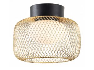 Miniaturka 4 - Lampa sufitowa Coretino z czarną podstawą i złotą metalową siatką wokół białego klosza