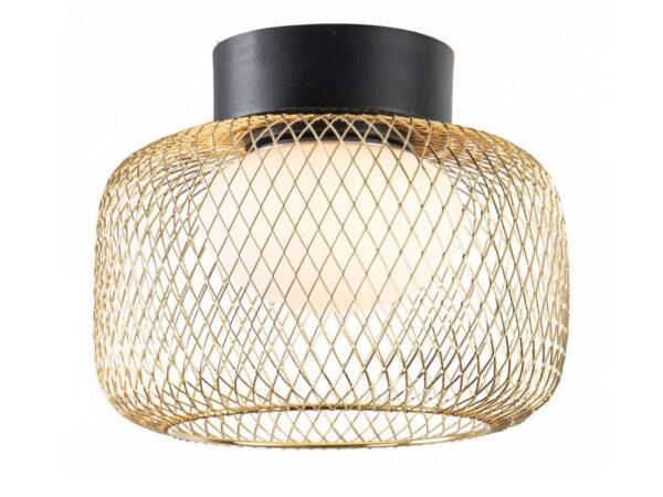 Lampa sufitowa Coretino z czarną podstawą i złotą metalową siatką wokół białego klosza