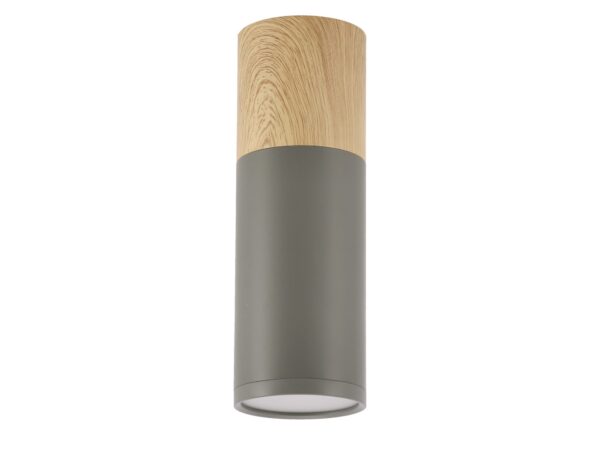 Lampa sufitowa cylindryczna GU10 szara z górną częścią w dekorze drewna