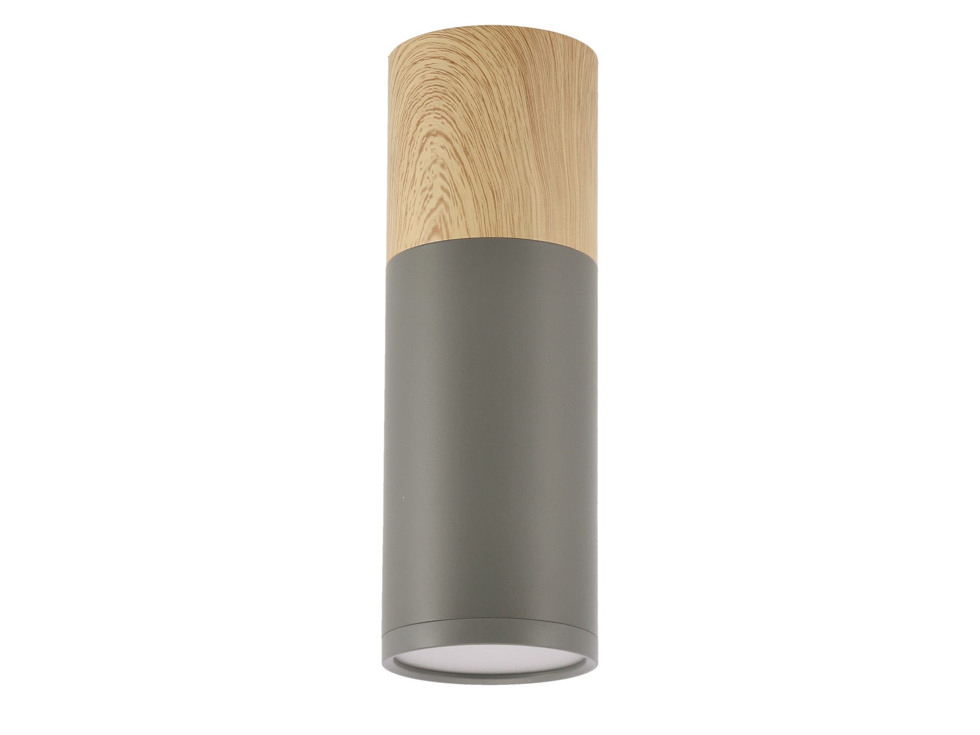 Lampa sufitowa cylindryczna GU10 szara z górną częścią w dekorze drewna