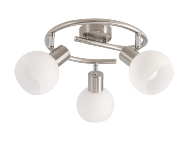 Lampa sufitowa Dalesona z trzema białymi szklanymi kloszami na spiralnym stelażu
