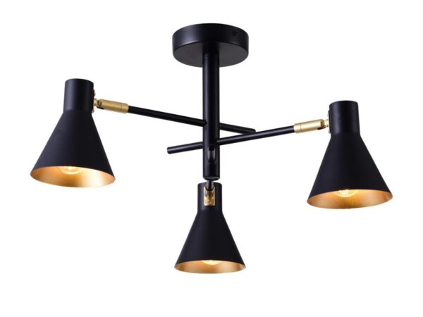 Lampa sufitowa Doralia czarna trzy stożkowe klosze ze złotym wnętrzem