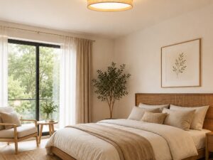 Miniaturka 1 - Lampa sufitowa Dorma Drewno i Juta w jasnej sypialni