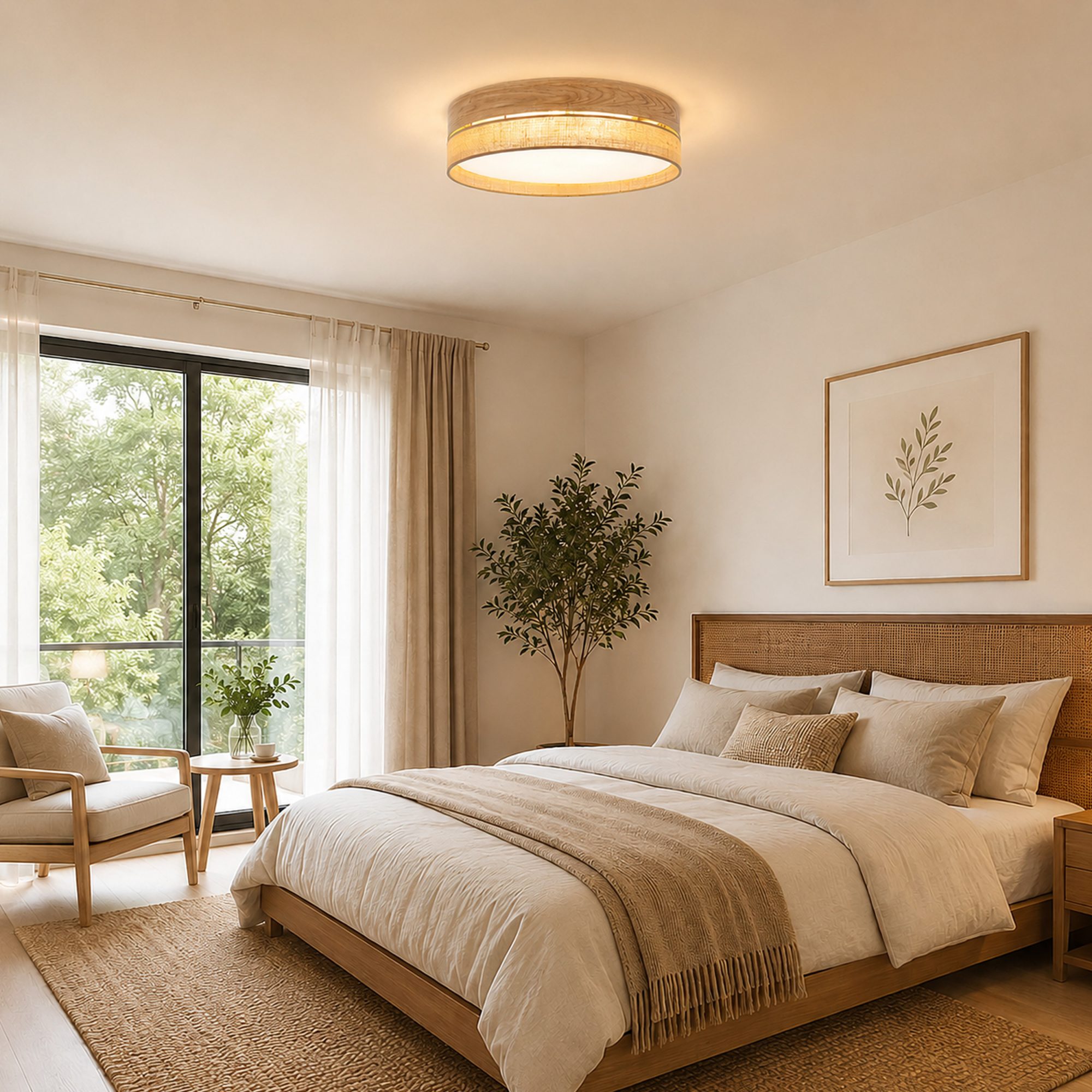 Lampa sufitowa Dorma Drewno i Juta w jasnej sypialni