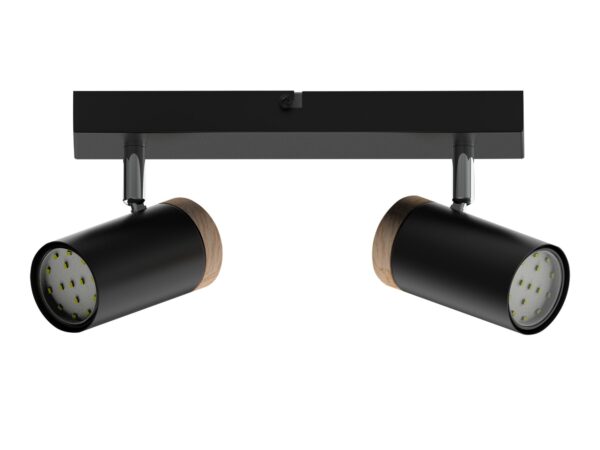 Lampa sufitowa Elvorino czarna z dwoma reflektorami i drewnianym akcentem