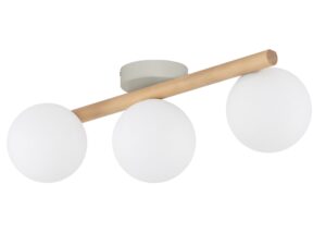 Miniaturka 4 - Lampa sufitowa Estera z jasnym drewnem i trzema białymi kulistymi kloszami