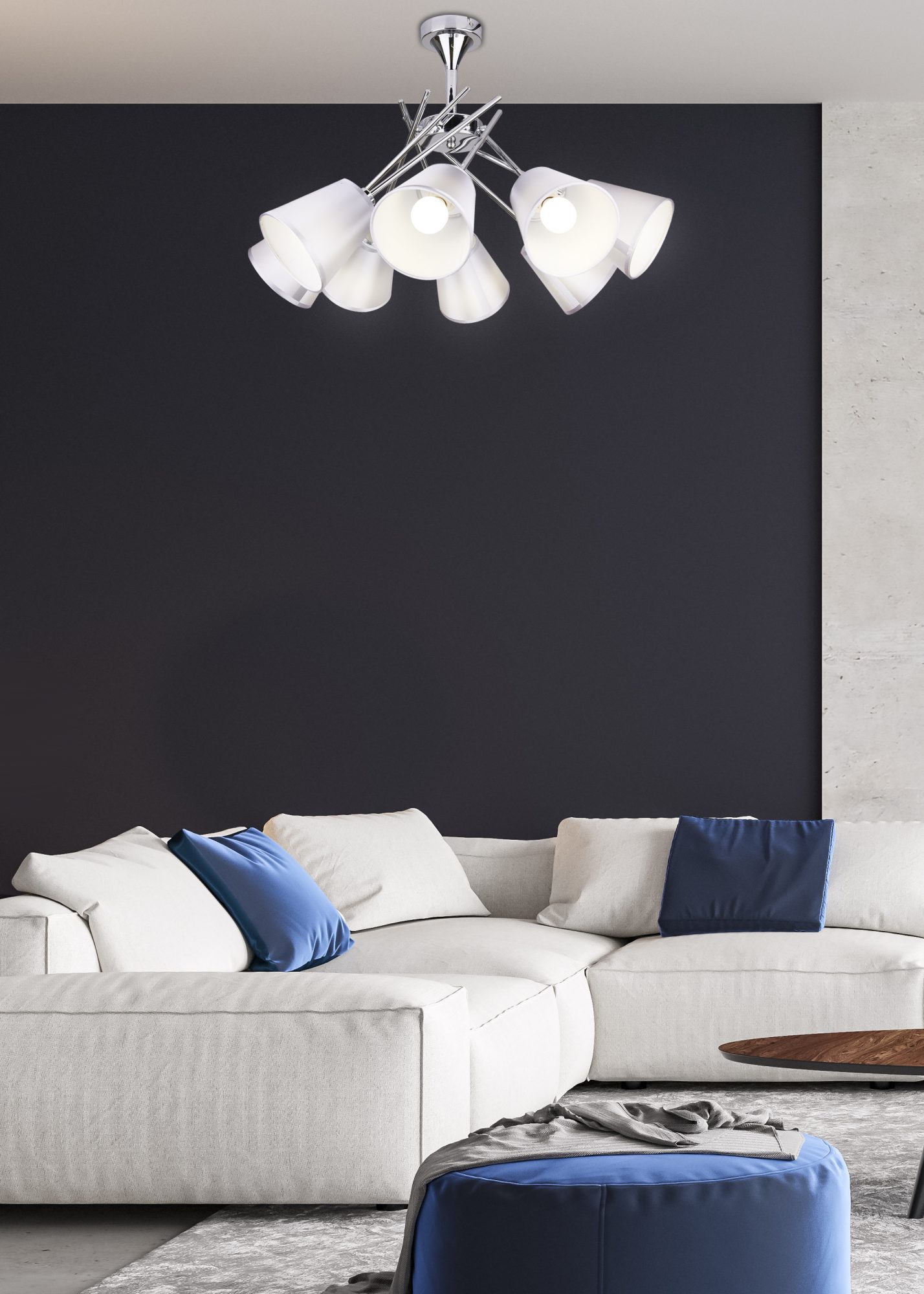 Ośmiopunktowa lampa sufitowa Evelona nad jasną sofą w salonie