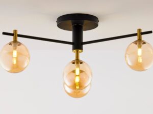 Miniaturka 1 - Figaro lampa sufitowa czteropunktowa czarno-złota ze szklanymi kulami bursztynowymi – widok przedni