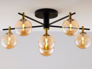 Miniaturka 2 - Lampa sufitowa Figaro z bursztynowymi szklanymi kulami i złoto-czarnym stelażem