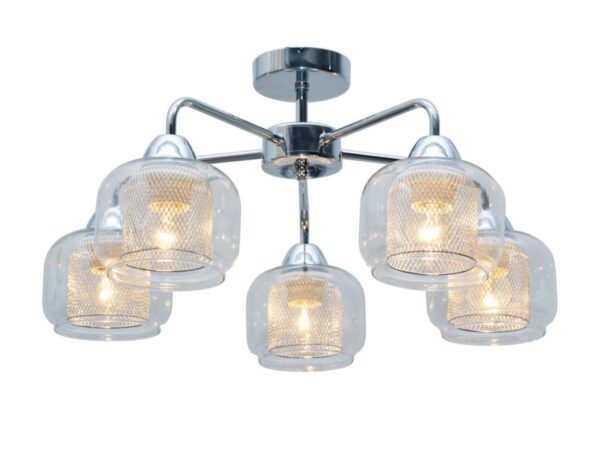 Lampa sufitowa Goremia w kolorze chromu z pięcioma przezroczystymi kloszami ze szklanymi osłonami