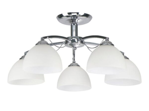 Lampa sufitowa Helamia pięciopunktowa z chromowaną konstrukcją i białymi szklanymi kloszami