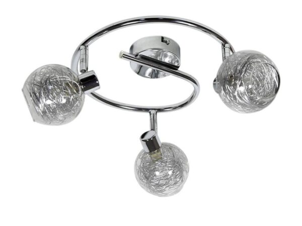 Lampa sufitowa Helareta chrom spiralna z trzema szklanymi kulami i metalową siateczką