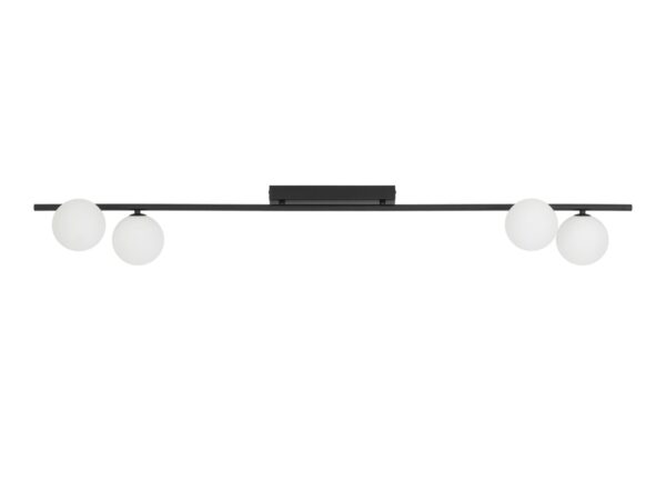 Lampa sufitowa Imelo z czarną liniową ramą i czterema białymi szklanymi kulami