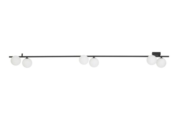 Lampa sufitowa Imelo czarna liniowa z sześcioma białymi szklanymi kulami