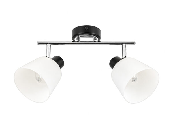 Lampa sufitowa Kalonio z czarną rozetą, chromowaną listwą i dwoma mlecznymi kloszami