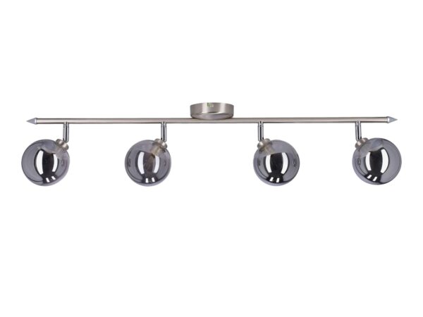 Lampa sufitowa Laromena z czterema grafitowymi reflektorami szklanymi na satynowej listwie