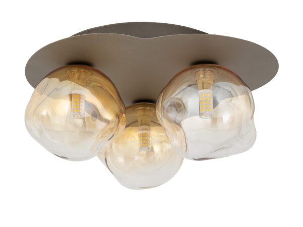 Lampa sufitowa Lava w ciemnym brązie z trzema koniakowymi szklanymi kloszami