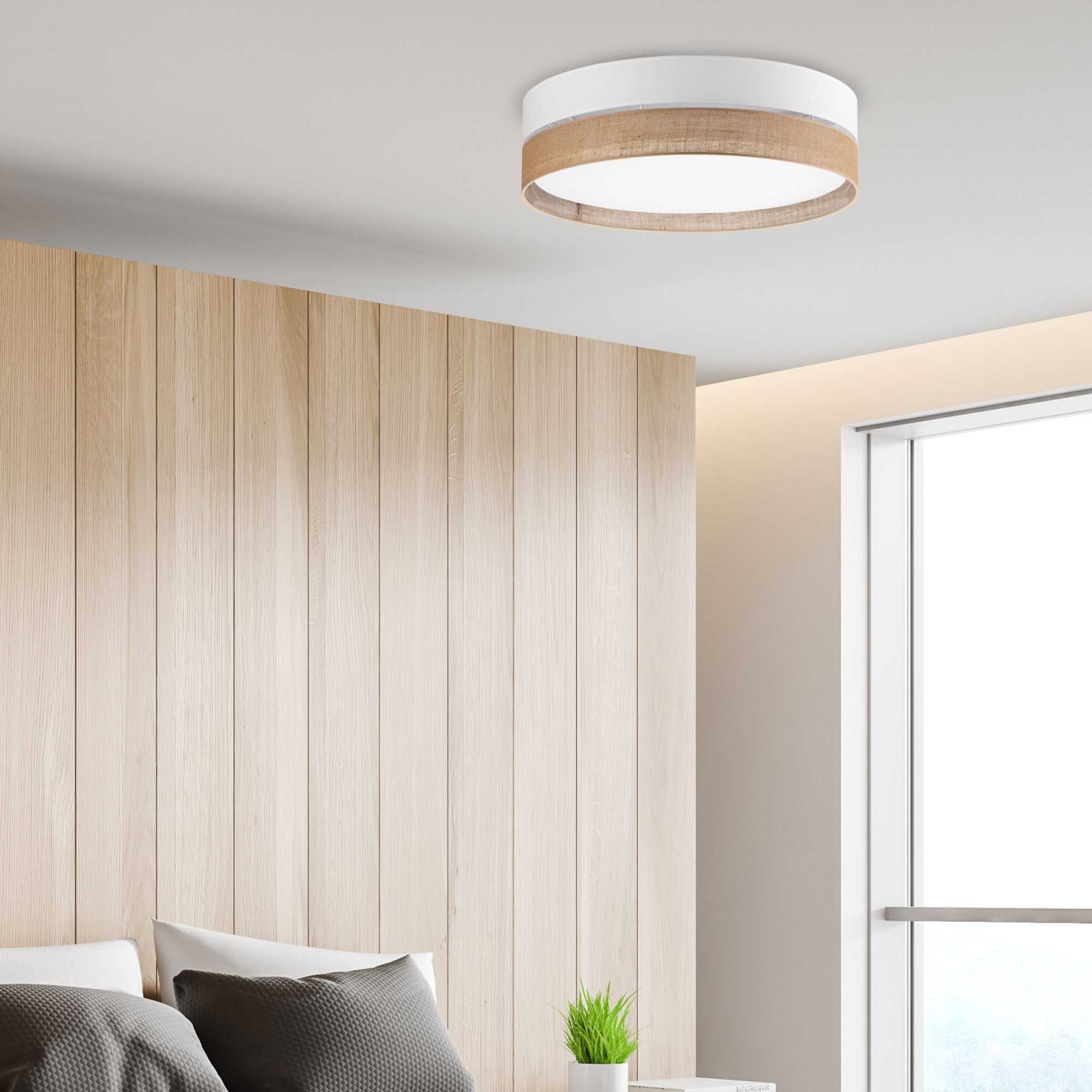 Lampa sufitowa Linobianco 60 cm z białą tkaniną i jutą w aranżacji wnętrza