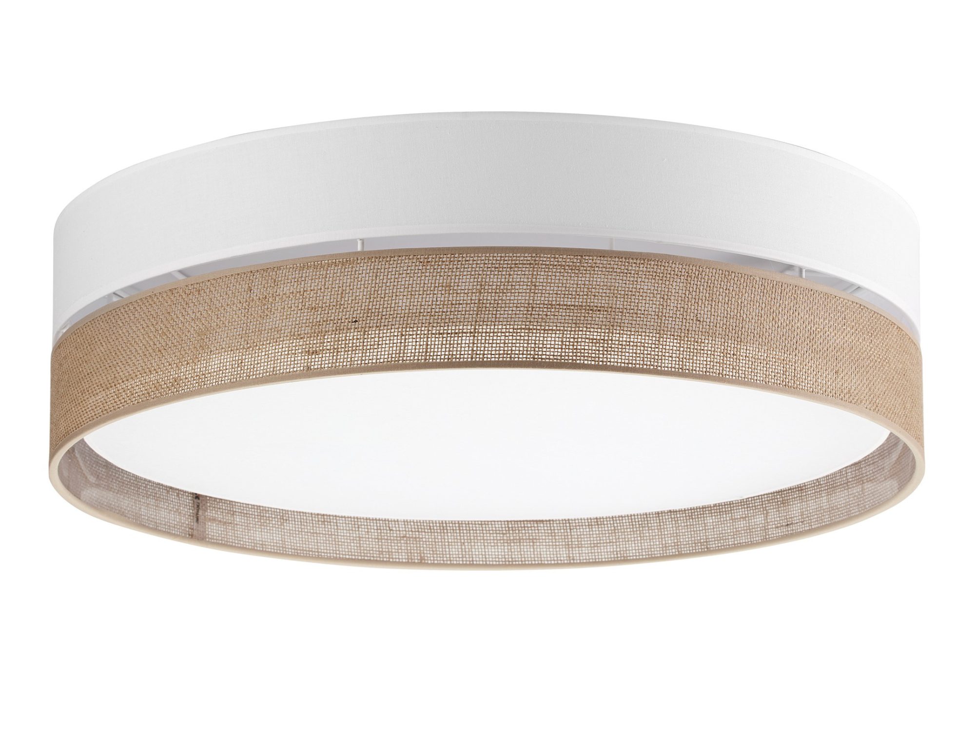 Lampa sufitowa Linobianco 4-punktowa 60 cm z abażurem z białej tkaniny i brązowej juty na białym tle