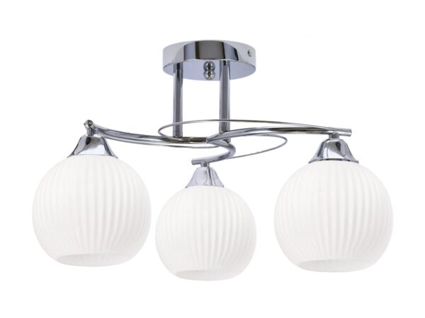 Lampa sufitowa Linotira z trzema białymi ryflowanymi kloszami i chromowanymi ramionami