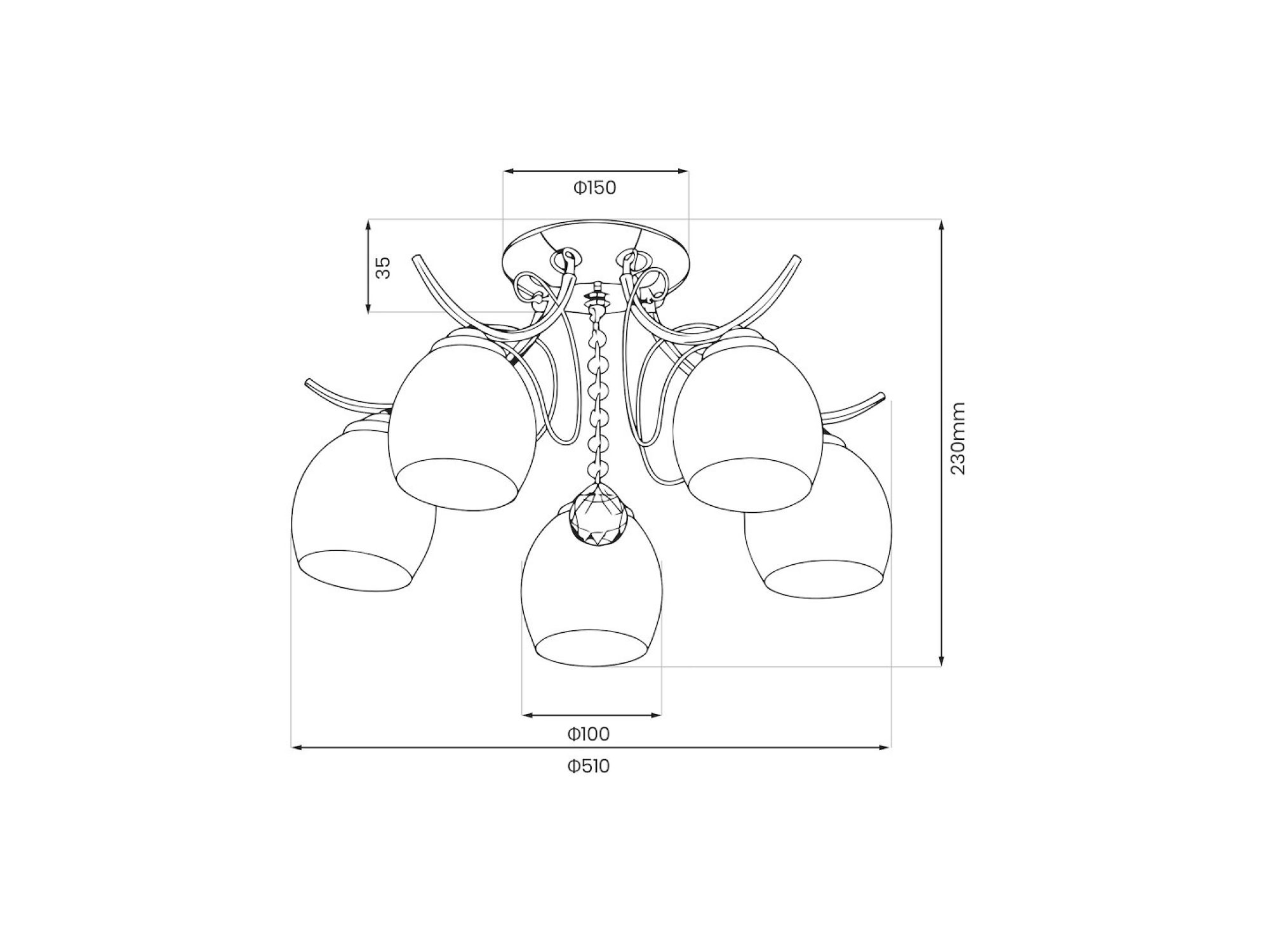 Lampa sufitowa Loretia chromowana 5 × E27 – wymiary