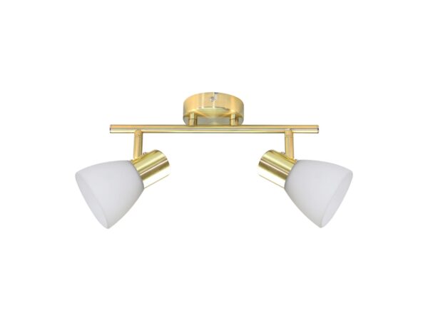 Lampa sufitowa Lorisora z dwoma białymi szklanymi kloszami i złotą belką, widok całości na białym tle