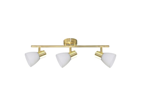 Lampa sufitowa Lorisora z trzema mlecznymi szklanymi kloszami na złotej belce, pełny widok