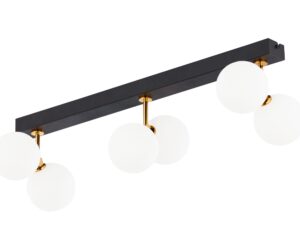 Miniaturka 1 - Lampa sufitowa Luna sześciopunktowa z czarną belką, złotymi elementami i mlecznymi kulami
