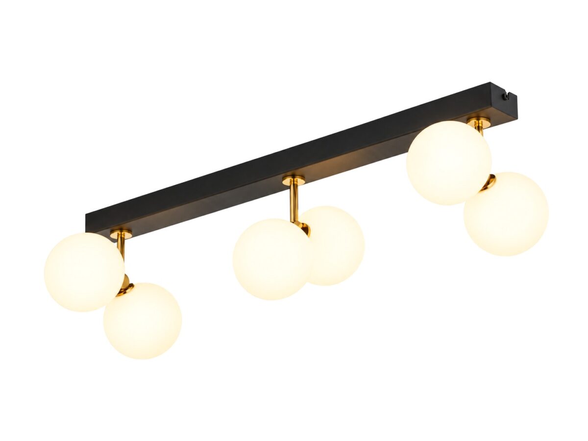 Lampa sufitowa Luna 6-punktowa czarno-złota z kulistymi kloszami