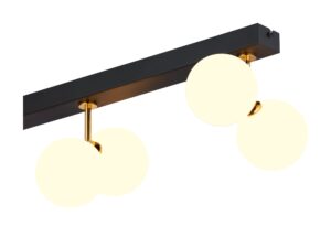 Miniaturka 3 - Lampa sufitowa Luna – zbliżenie czarnej belki i złotych wsporników kloszy