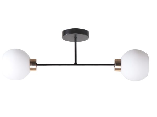Lampa sufitowa Malivo z dwoma białymi szklanymi kloszami, czarnymi ramionami i złotymi detalami