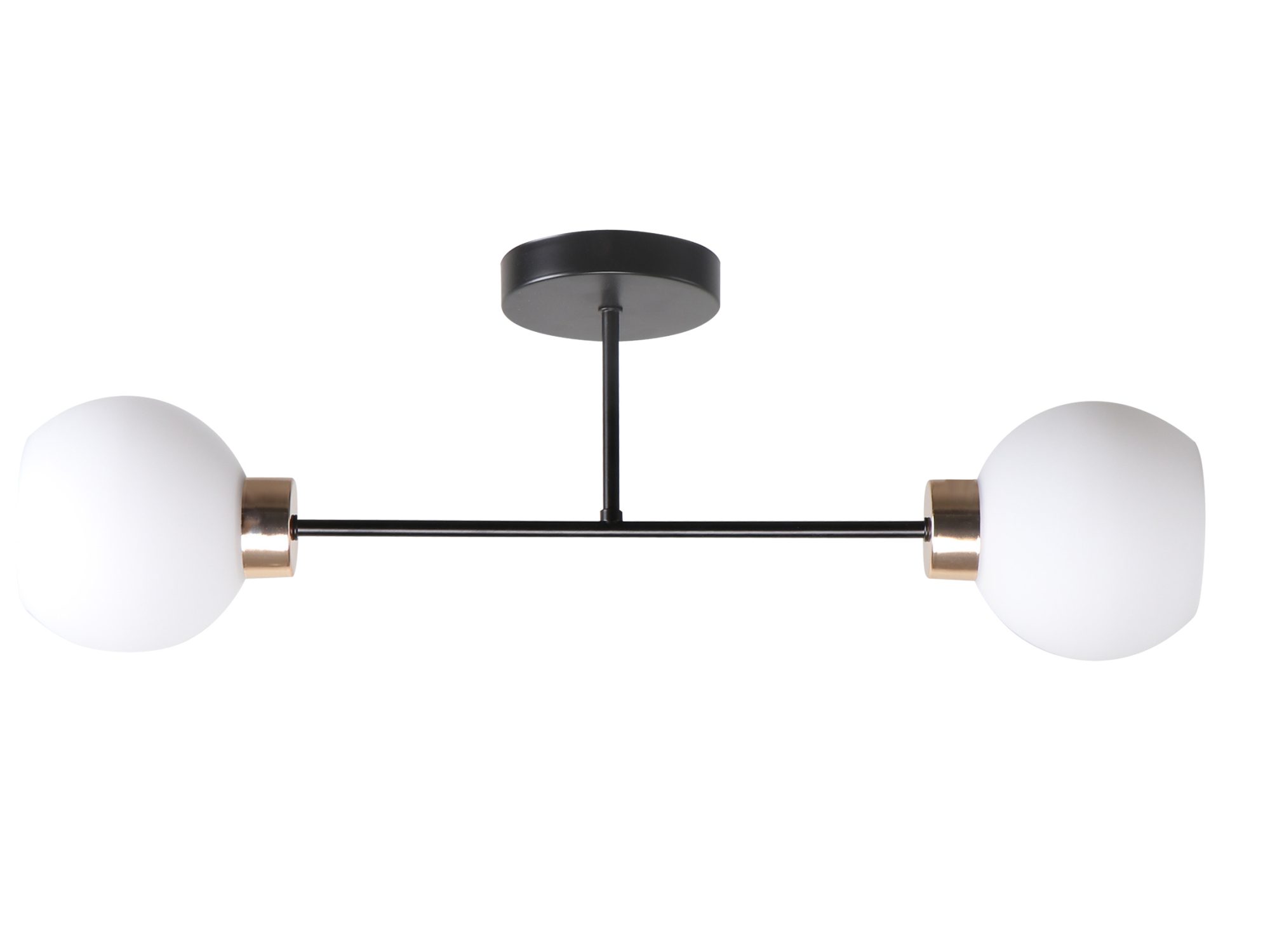 Lampa sufitowa Malivo z dwoma białymi szklanymi kloszami, czarnymi ramionami i złotymi detalami