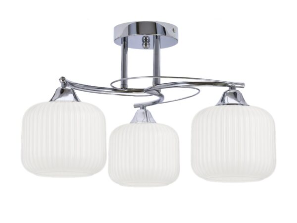 Lampa sufitowa Melivano z trzema białymi ryflowanymi kloszami i chromowanymi ramionami