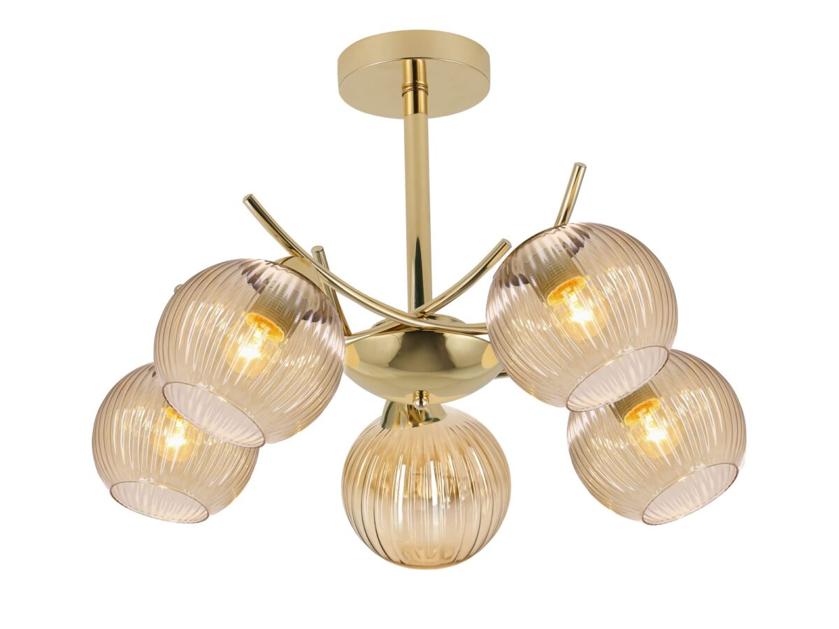 Lampa sufitowa Narinia złota z 5 bursztynowymi kloszami
