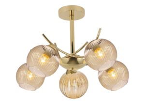 Miniaturka 2 - Lampa sufitowa Narinia złota z pięcioma bursztynowymi szklanymi kloszami