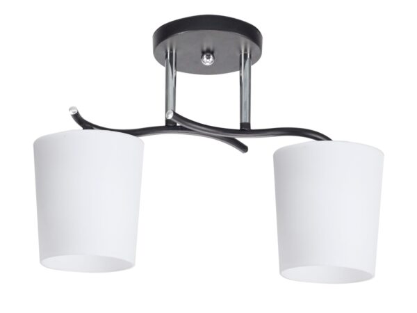 Lampa sufitowa Nerotora z dwoma białymi kloszami, czarnym ramieniem i chromowanymi detalami, na białym tle