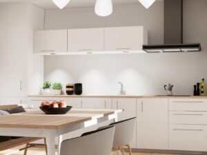 Miniaturka 1 - Lampa sufitowa Nevamia z pięcioma białymi kloszami w aranżacji kuchni