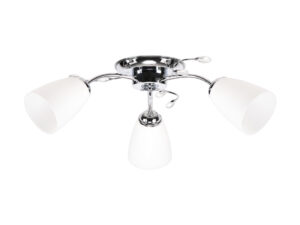 Miniaturka 3 - Lampa sufitowa Nevamia z trzema białymi kloszami i srebrzystymi ramionami na białym tle
