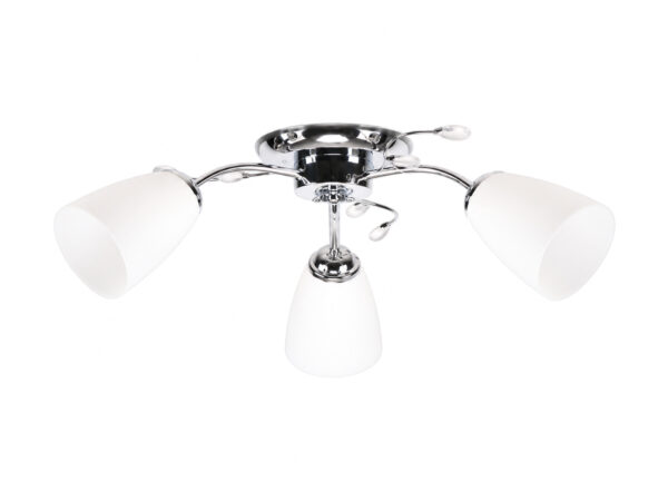 Lampa sufitowa Nevamia z trzema białymi kloszami i srebrzystymi ramionami na białym tle
