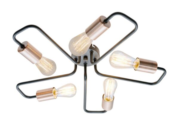 Lampa sufitowa Nevimela z pięcioma ramionami i odkrytymi oprawkami na białym tle