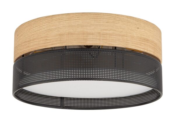 Lampa sufitowa Nicol czteropunktowa z dekorem dębu i czarnym perforowanym kloszem