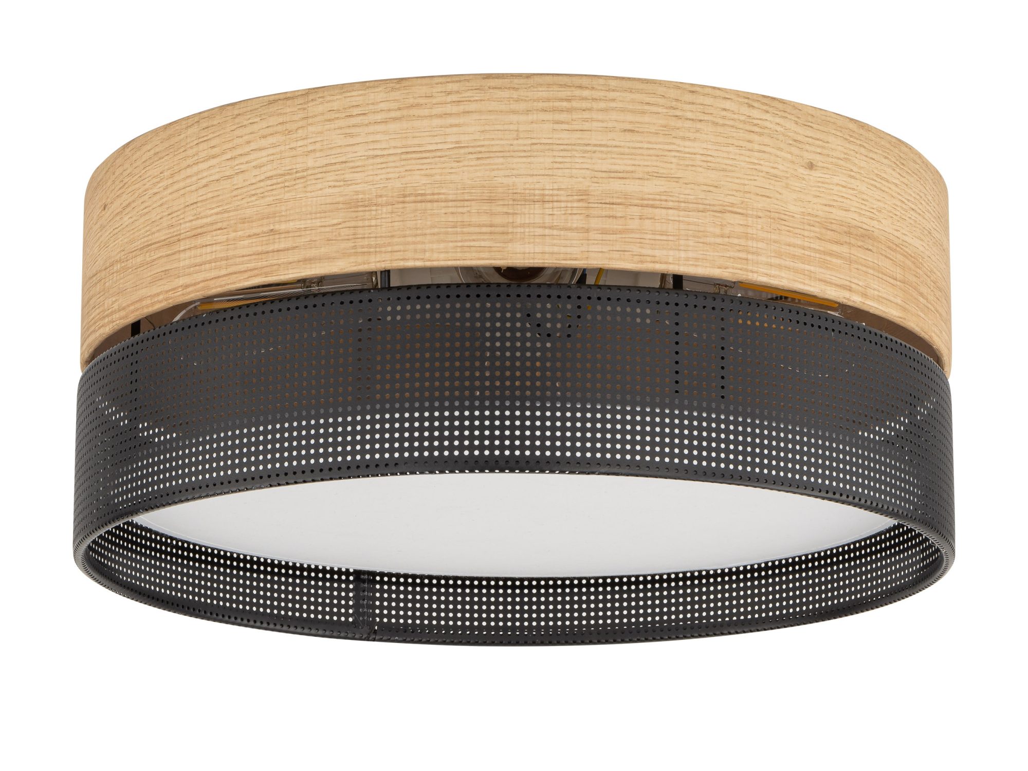 Lampa Nicol sufitowa czteropunktowa z dekorem dębu i czarnym perforowanym kloszem